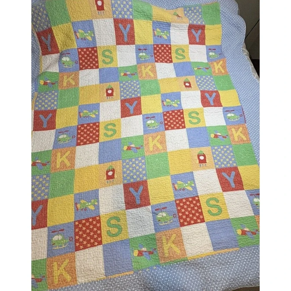 Quilt Airplane Sky Helicopter Blue Green Checkered Back Flaw 68”79” Twin
